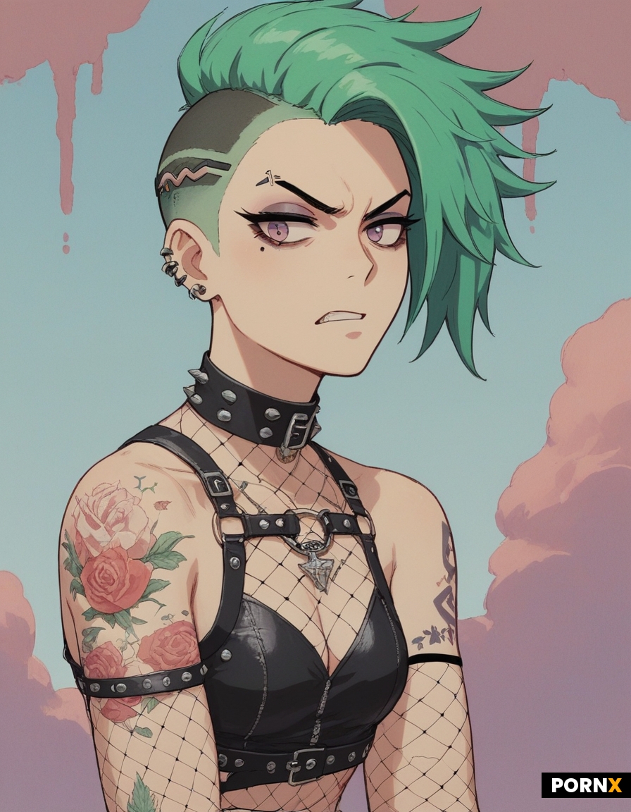Green-haired 18-year-old punk with an undercut and small breasts shows her sweet
