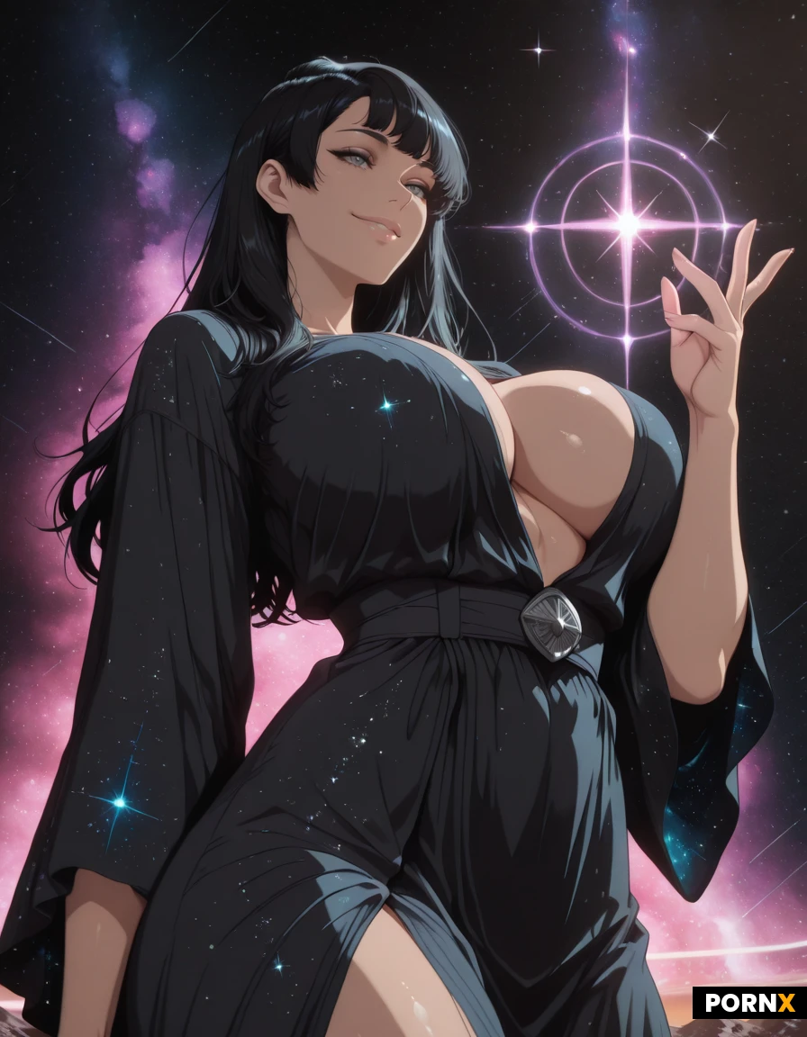 masterpiece, best quality, highres, absurdres, magic, glowing, floating, casting_spell, hand_up, dynamic_pose, smiling, Celestial_robe, space, starfield, nebula, glitter, sparkles, cinematic_lighting, backlight, low_angle, vibrant, Seductive