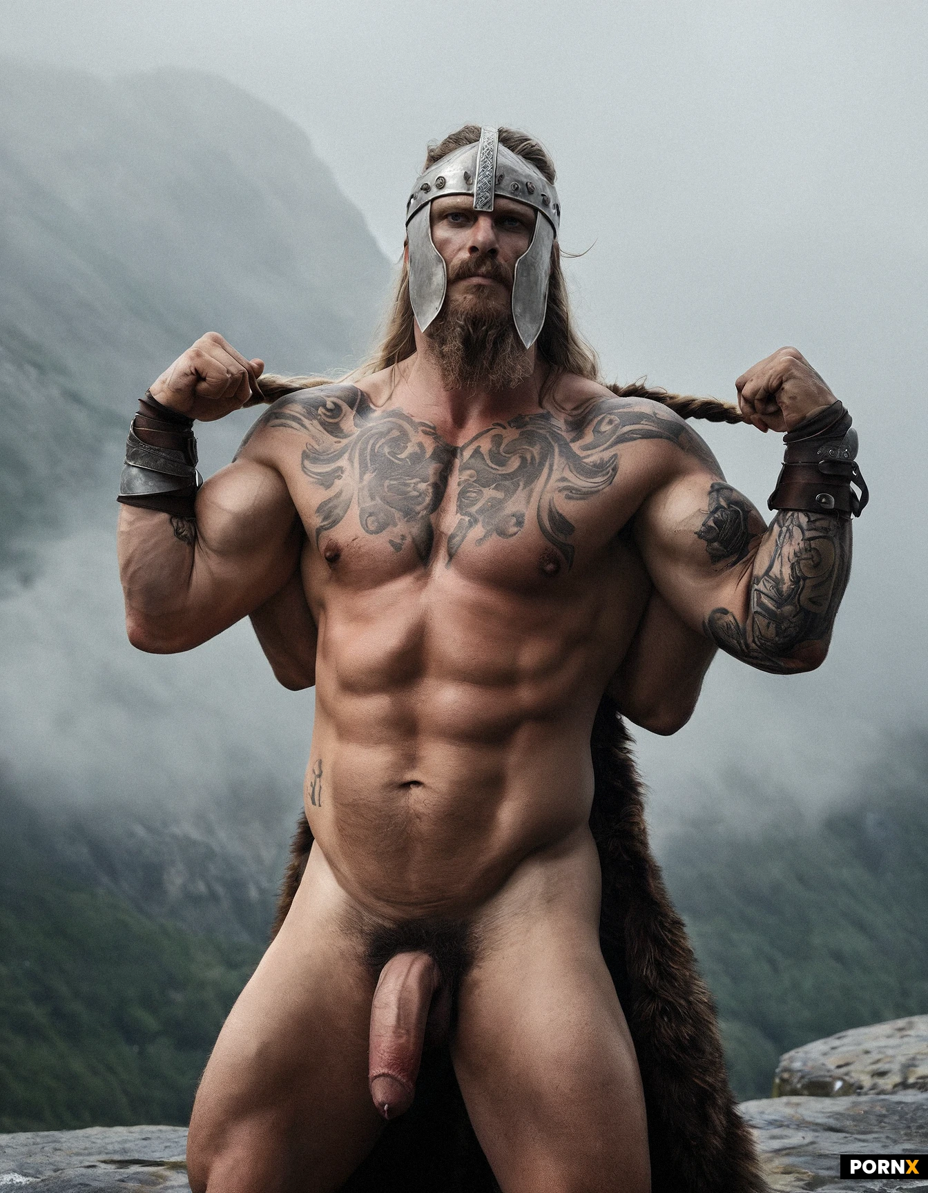 Viking couple,man and woman, 35 years old,realistic, they are Swedish/Scandinavian, woman has intense blue eyes and long, silver-blonde hair styled in elaborate Viking braids. Man has a big beard and a helm covering his face, (both are covered in intricate tattoos:1.5), Physique: His build is tall and muscular, broad shoulders, exuding an intimidating presence. Naked, rugged natural Scandinavian landscape, misty forest or a mountainous fjord. dramatic directional lighting, Standing sex from behind, dynamic camera from behind, they are having fun