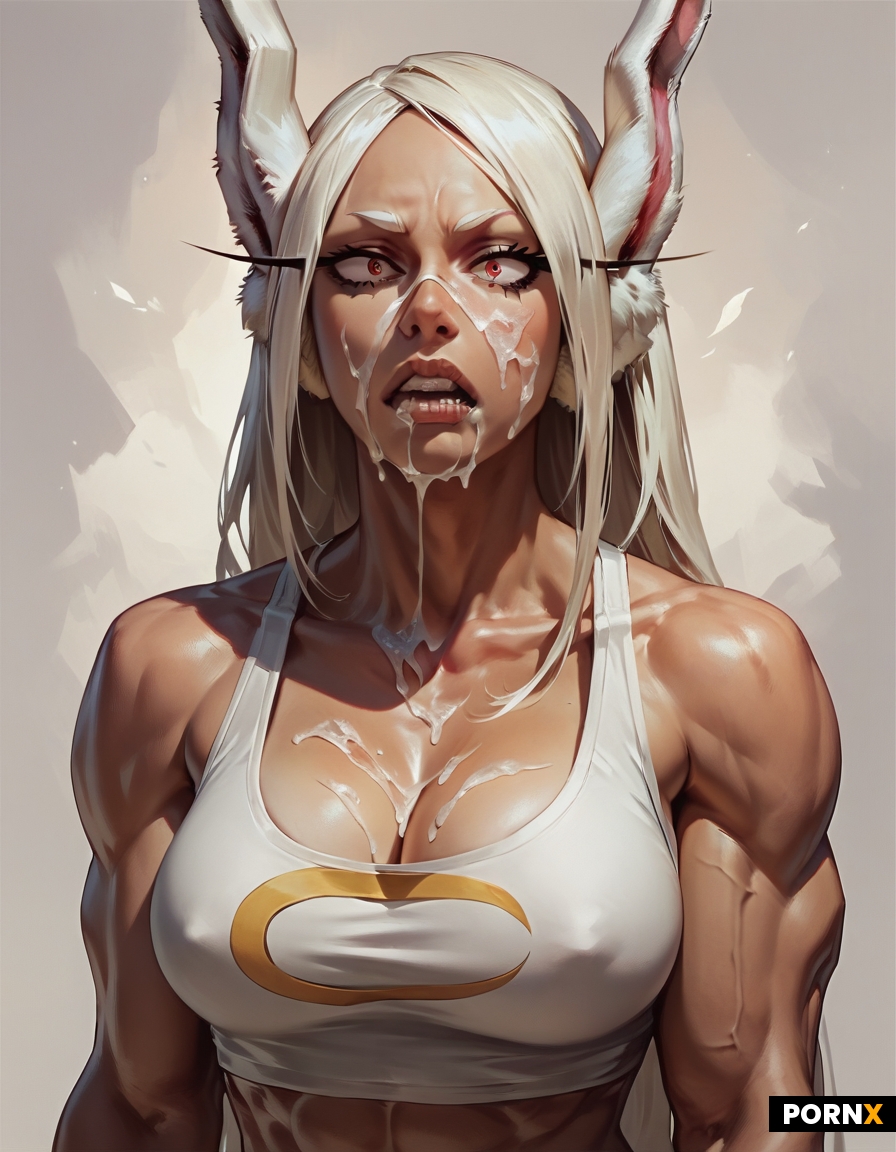loughing Mirko from My Hero Academia is begging you and you give her a bukkake on her cleavage