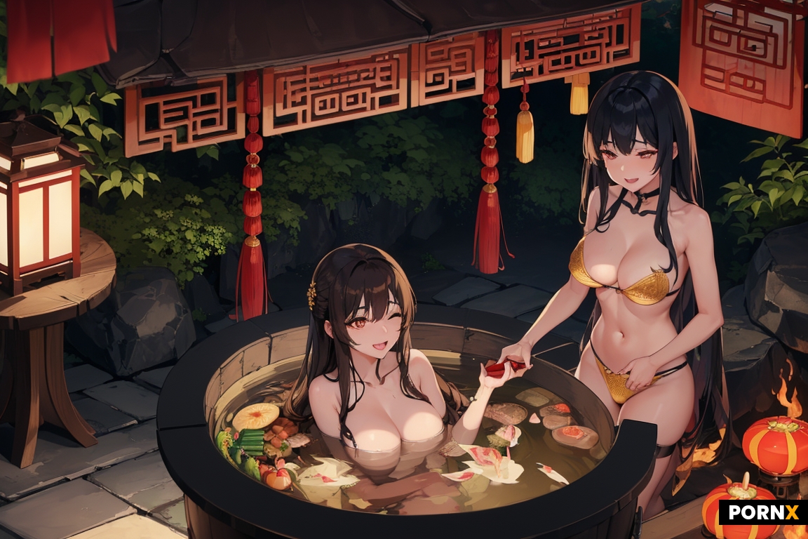 Naked Japanese woman sitting with legs up in a steaming cauldron while a Chinese woman in lingerie s