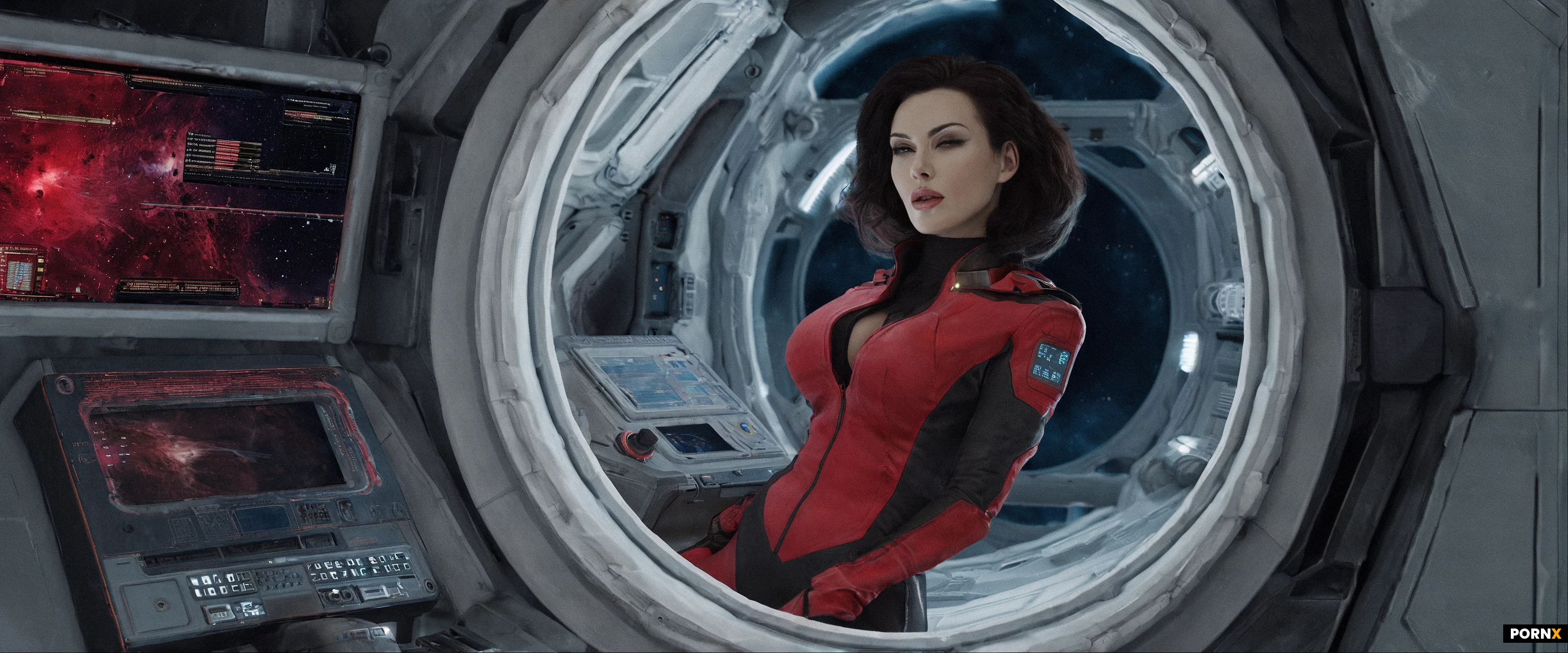 high detail, female space adventurer looks out the viewscreen in her spaceship. screens and dials glow in the dark ship. Black and red space suit is form-fitting and functional. medium breasts, brunette hair, pink lips, dark eye-shadow,
