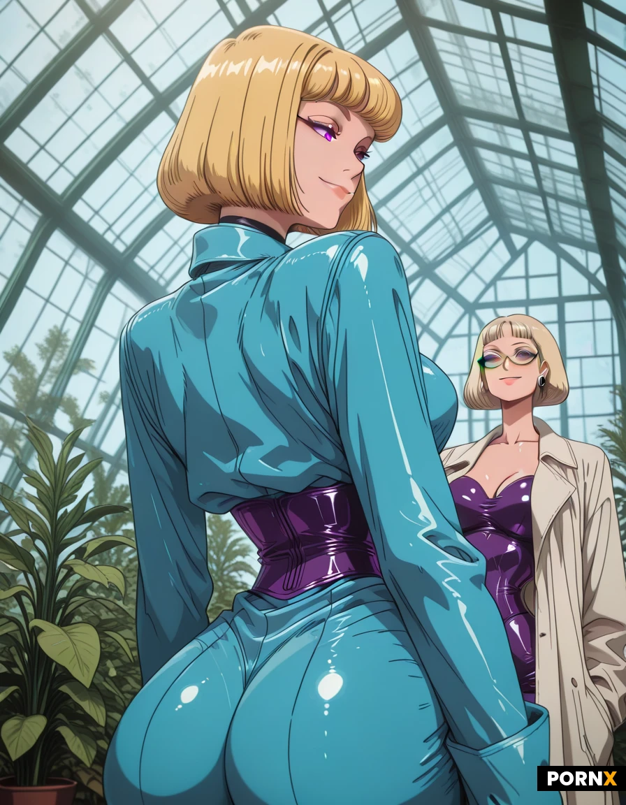 woman solarpunk, style solar punk, solarpunk greenhouse, smile, eyeglasses, cute, purple eyes, blonde
bob cut hair, medium bust, blue solarpunk clothes, narrow waist, in pose, neckline, earrings, scientist's coat, view from behind, ass, sunny, plants