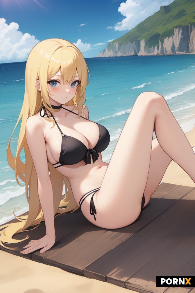 Blond cute anime girl at the beach