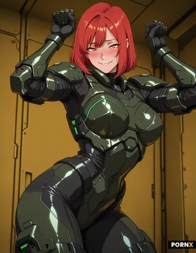 Sexy girl in sci-fi spartan heavy armor through the bodysuit