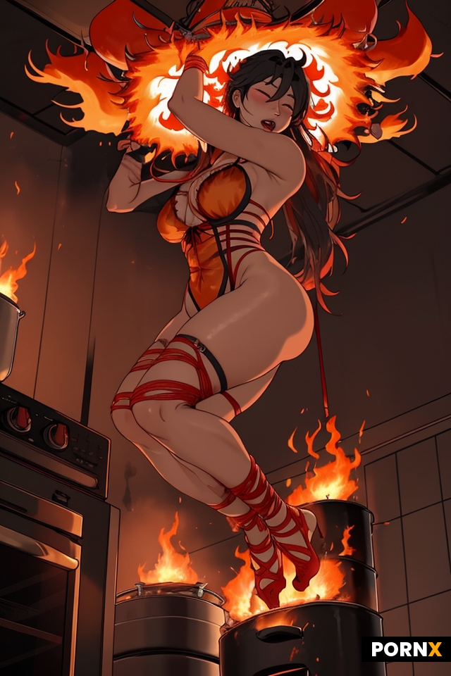 Korean woman in lingerie tied up from ceiling over a huge raging cooking pit with tall engulfing fla