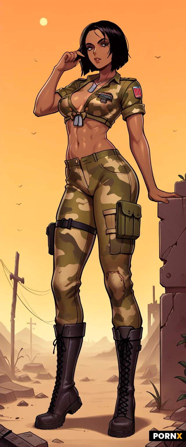 beautiful latina woman, long dark hair with bangs, slender body, small breasts, tanned skin, sexy military uniform, camo crop top, unbuttoned, dog tags, military boots, post-apocalyptic wasteland, ruins, dust, orange sky, Brown skinned woman, South Indian, medium breasts, medium ass, slim thick, skinny, fit, hip lines, midriff, black hair
