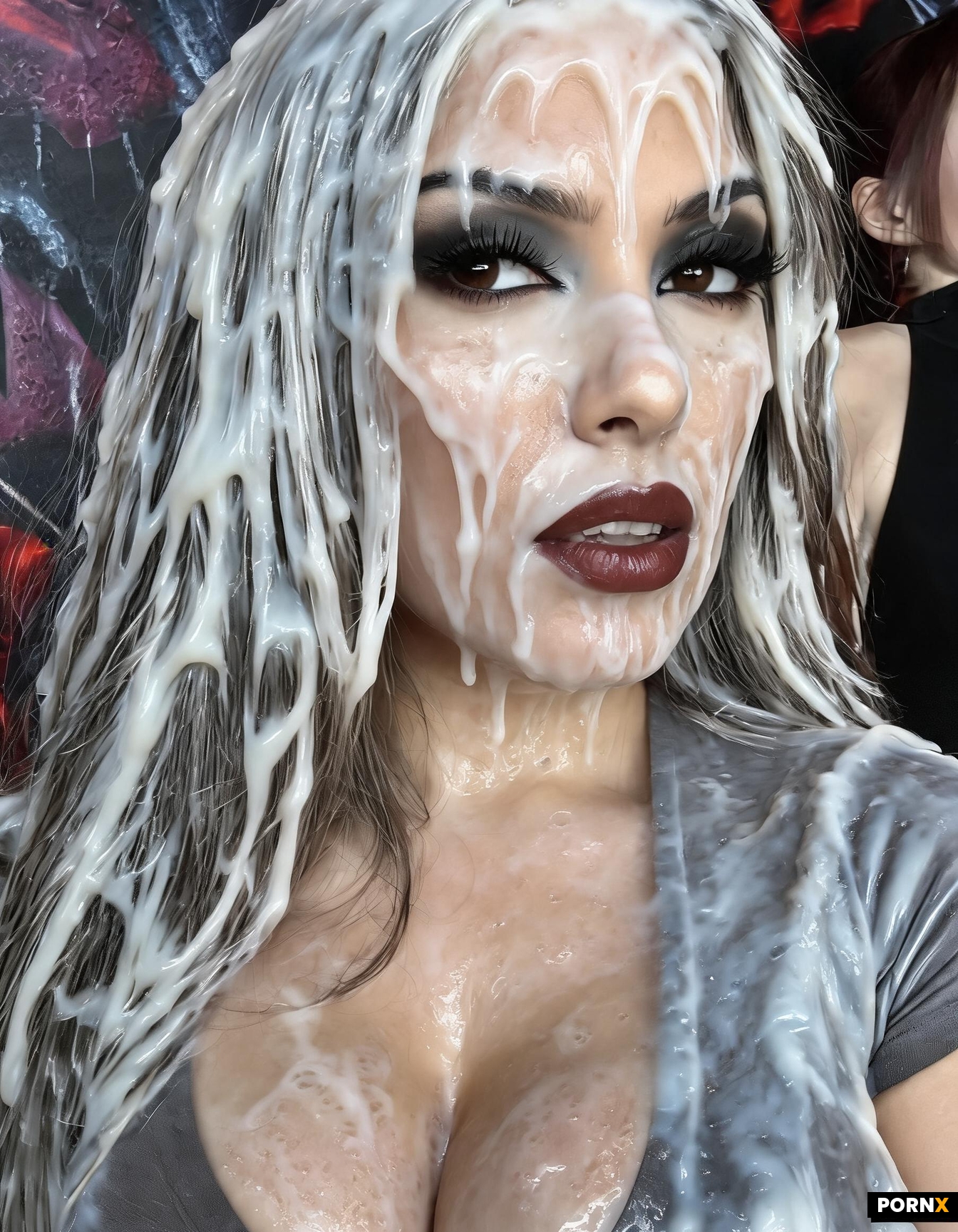 Cover her face and hair in thick layers of semi-transparent cum