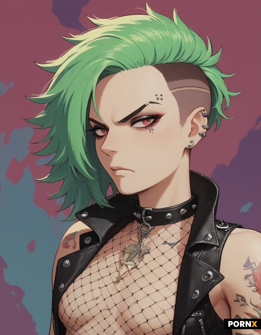 Green-haired 18-year-old punk with an undercut and small breasts shows her sweet
