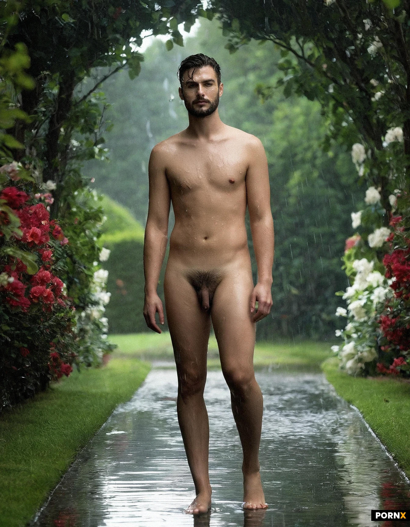 A handsome 20-year-old German man with a short stature, light stubble beard and chubby physique stands barefoot in the center of a lush flower garden, blossom-laden trees framing the scene behind him as rain falls steadily, casting glistening droplets across his smooth, nude skin. The camera captures a full-body portrait from a low angle, emphasizing his delicate, hairless pubic region and a visibly tiny, flaccid penis that draws attention without distraction. Soft, overcast lighting diffused by the rain creates a gentle rim of light along his shoulders and legs, while the wet ground reflects his form, adding depth and a subtle sheen. A shallow depth of field blurs the distant street beyond the garden, focusing the viewer's eye on the intimate details of his naked body, expressionless face, and the wet, romantic atmosphere. The overall composition is cinematic, with rain-smeared petals floating around him, enhancing the sensual yet vulnerable mood.