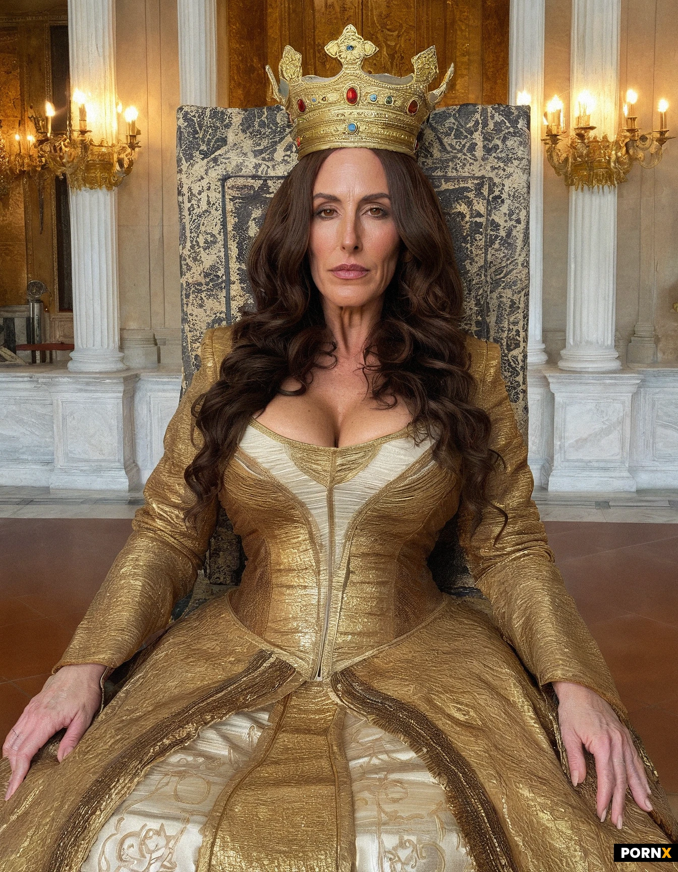 42-year-old jewish milf, sitting, serious face, big nose, wavy brown hair, wearing crown, gold regal dress, in palace throne room