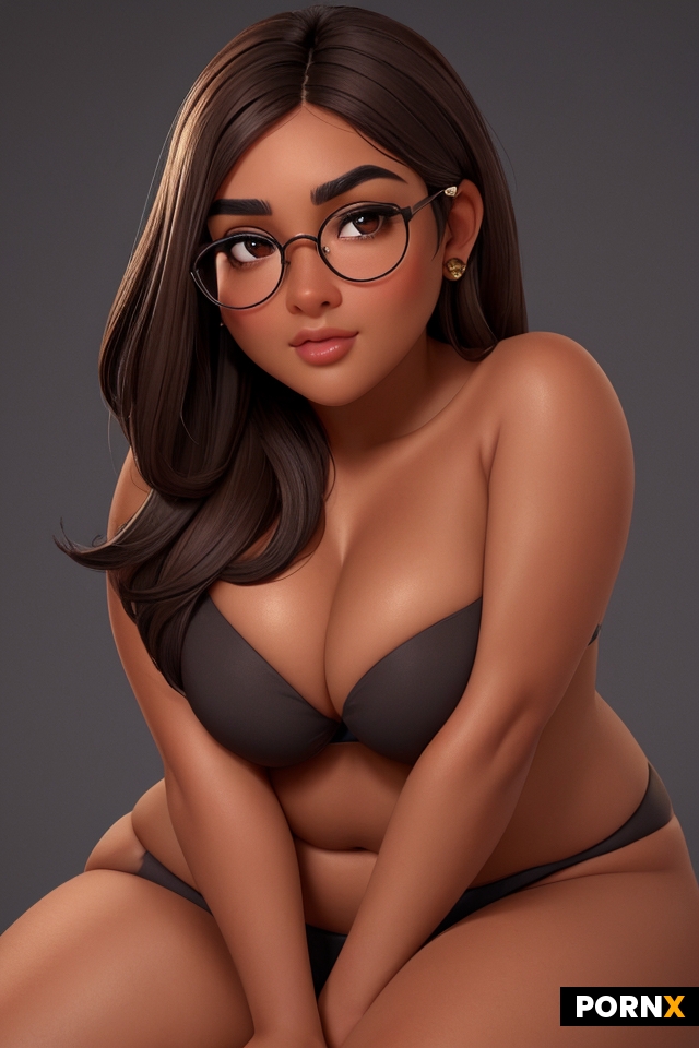 She has very dark brown skin with a smooth complexion and a round