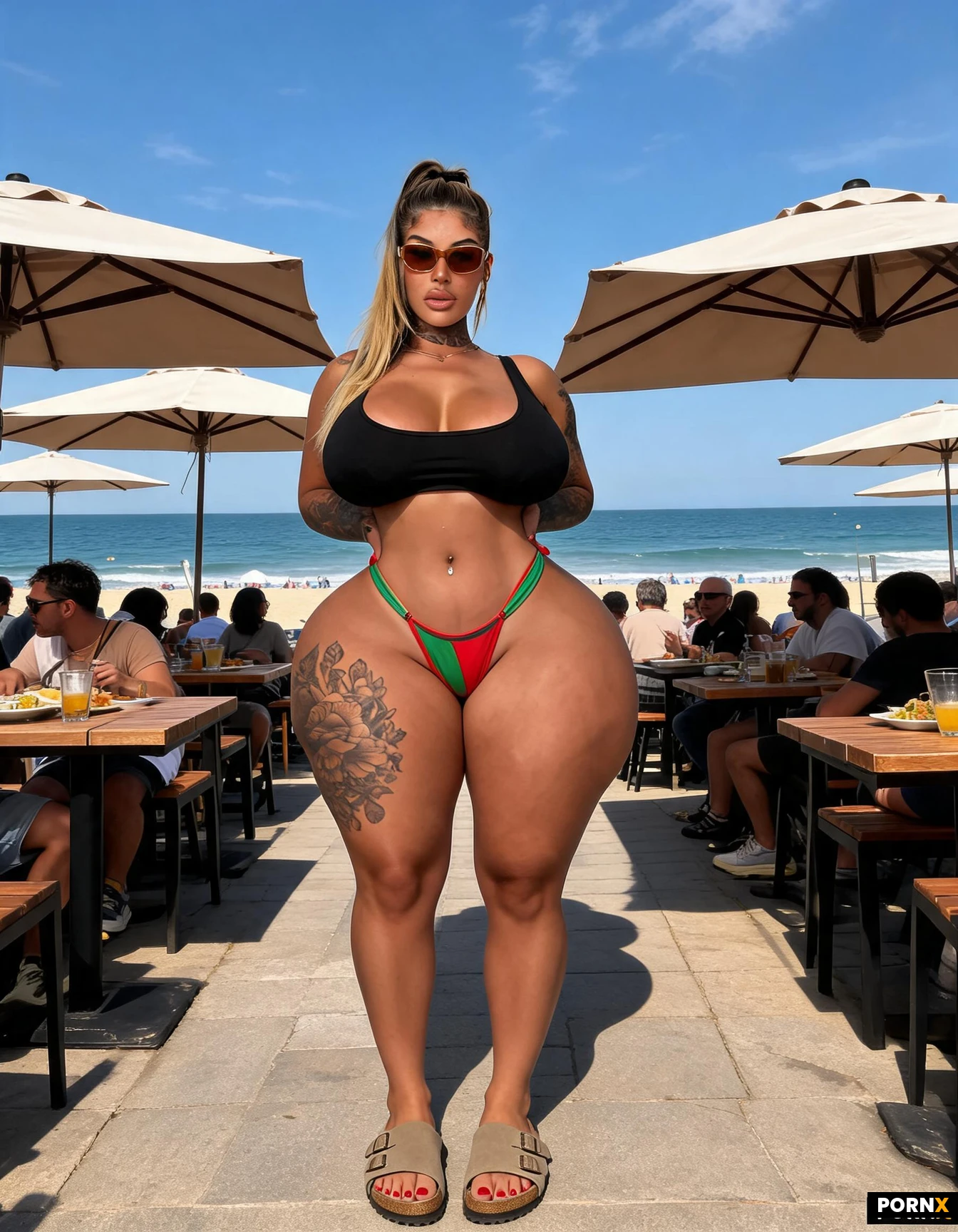 Crowded coastal cafe. Brown sunglasses. Tiny extremely stretched black sports bra. Absurdly large boobs. Tiny Extremely tight stretched red and green g-string. Big ass. Birkenstocks