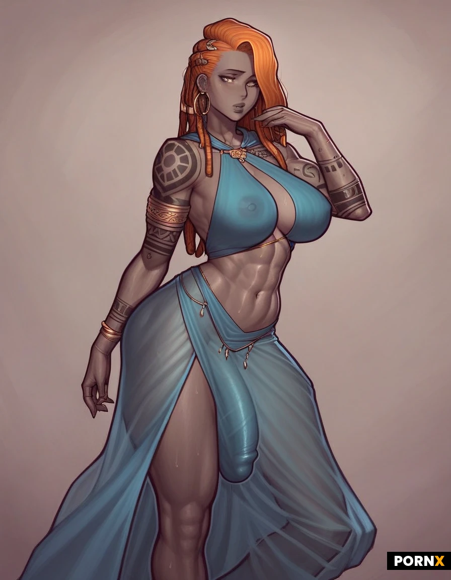 asura style, curvy, tall, gray skin, black tattoos, blue tattoos, glowing tattoos, long hair, braided dreadlocks, glowing orange hair, rounded breasts, tight clothing, translucent clothes, transparent clothes, black belly dancer dress, hood, hooded dress, futanari, large dick, erection under clothes