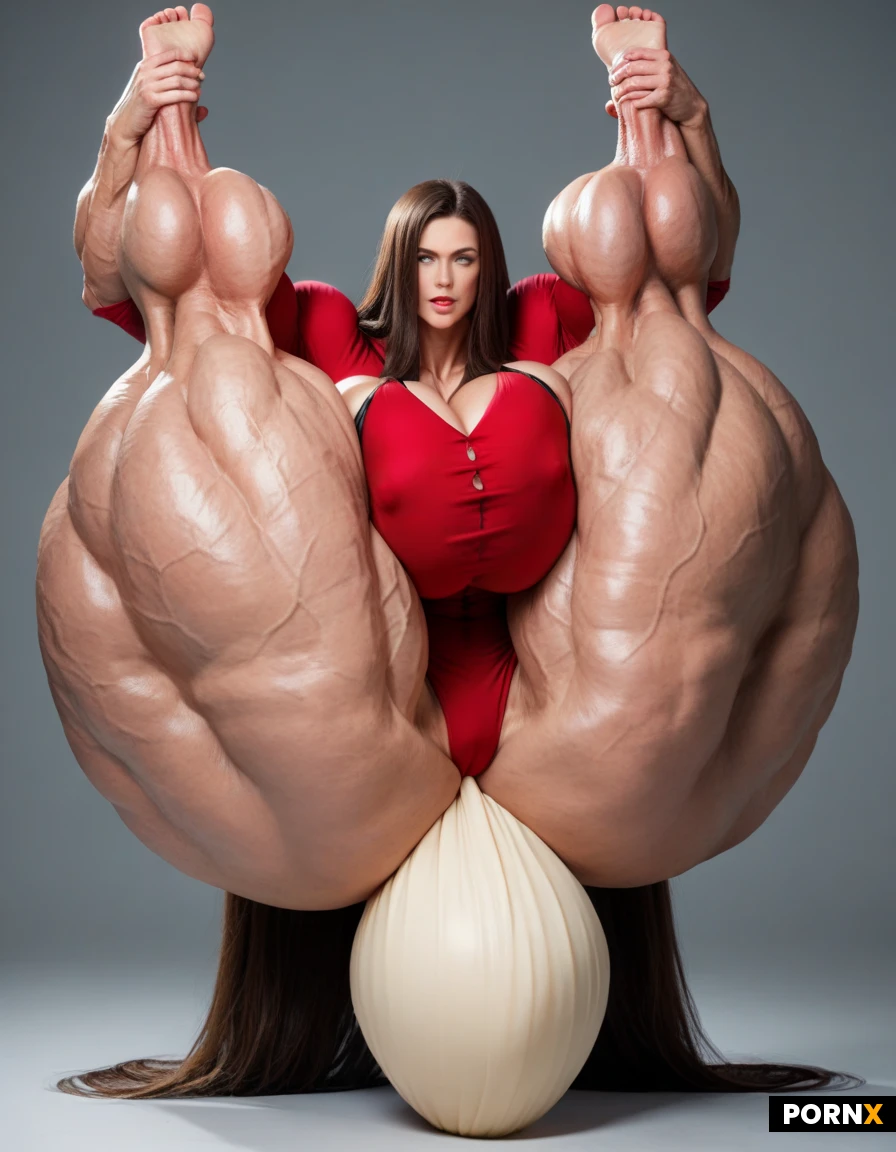 Full body profile image of a ultimative Super mega muscular female hyper muscle bodybuilder model, fixing her hair, in her 20s, super slim tiny waist, incredibly mega exaggerated huge boobs, ultra detailed, high resolution, anatomically accurate, perfect fingers, perfect anatomy, (hyper extreme colossal breasts: 1.59999), her soft floppy drooping natural breasts spill down to her sides, breasts drop to the sides of her chest, hyper massive breasts, breasts hypertrophy, disproportionately(gigantic colossal hyper breasts: 1.59999), unrealistic breasts size, giant expansion breast, extremely huge voluptuous breasts, massive breasts, bodylong hair, straight super long red hair, (exaggerated long hair: 2.95), super defined sixpack which shows every single ab absolutely ripped and defined, perfect hourglass figure, super mega thick mammoth tree like muscular legs, perfect face, feminine face, female facial features, perfect facial features, ultra sexy face, natural face, realistic face, perfect muscular hourglass, Bright green eyes, Extrem exaggerated muscles, ultra hyper massive muscle, expansion muscles, musle goddess, wearing a red bikini, perfect skin, ultimate muscles, long legs, massive muscles, overgrown hypermassive muscles, mega muscles, giganteque muscles, beyond female musle-goddess, mega muscles overgrowth at leg and abs, ultra exaggerated overgrown leg muscles, hypermassive expanded leg muscles, hair reaches the floor, disproportionately(gigantic colossal hypermuscular legs : 2.1), delicate feet, beautiful feet, doing a standing split
