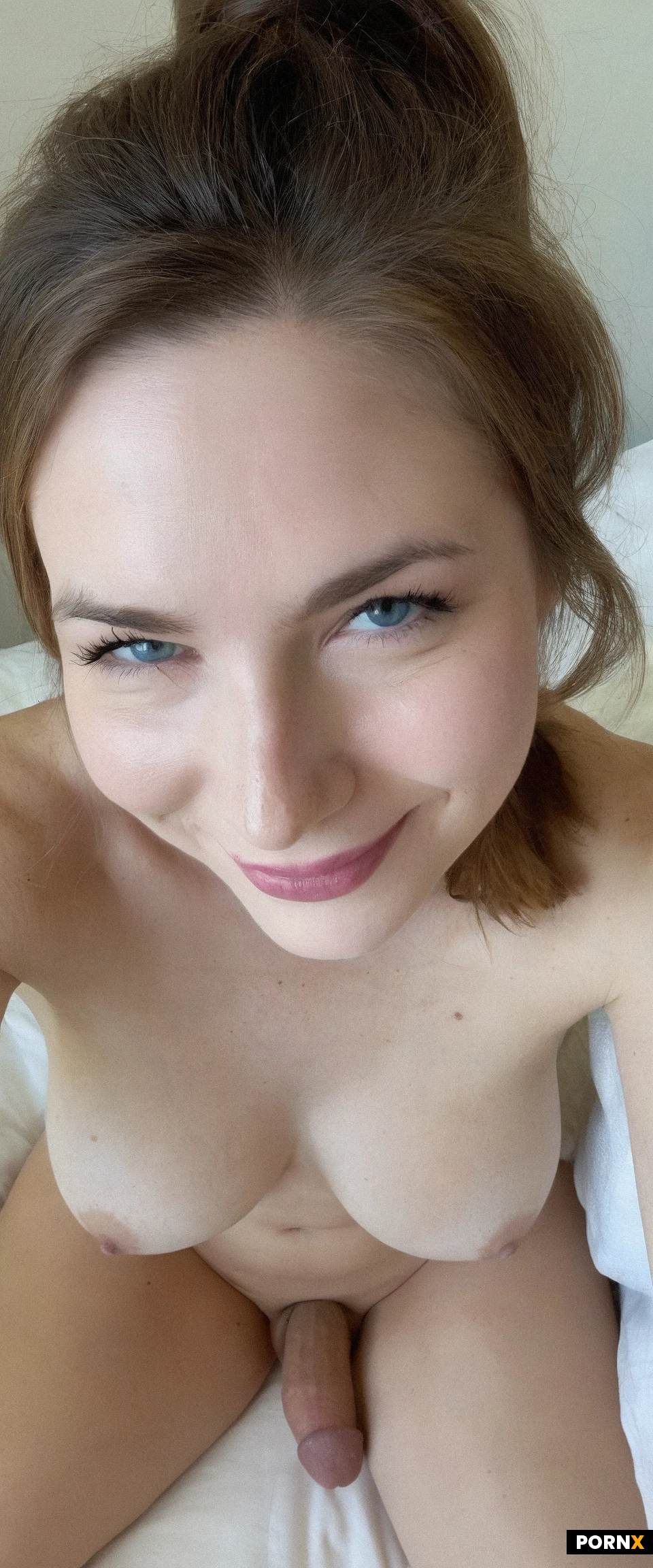 (Close up view) of One (adorable) American woman sitting on bed,(pale skin),round face,23 years old,flirty,smiling,(blushing),nude,(beautiful face),natural face,brunette hair,blue eyes,(no makeup),small breasts,bedroom,looking at viewer,simple ponytail,simple background,(close up view),erect penis,<lora:055:0.5>,testicles,cute face,solo,view from above