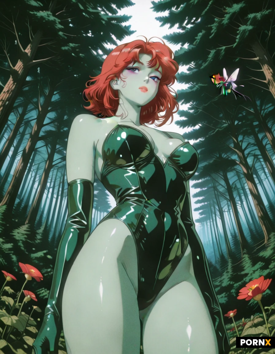 Girl with green skin and long red hair in the forest in green sexy body wear, lie on the giant flower, focus from below