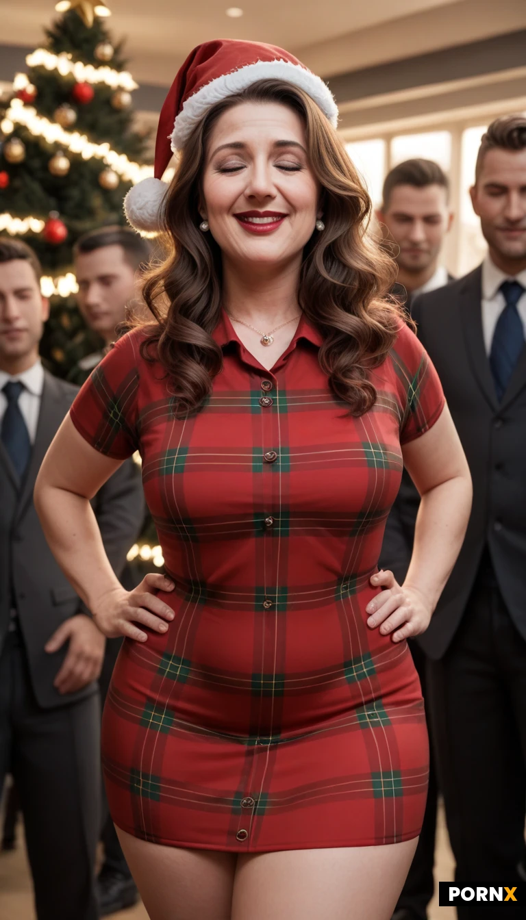 masterpiece, best quality, highres, absurdres, bust-up_view,1girl, multiple_males,short_stack_mom,mature,beautiful face,pale skin,brunette_hair,wavy hair,plump arms,medium boobs,wide hips,thick thighs,red plaid dress,collared dress,short sleeves,Santa hat,Christmas tree,string lights,office Christmas party,lipstick, open_mouth, closed_eyes, shy_smile, standing,hands on hips ,detailed shading,warm_lighting,crowd of fit _men in suits,