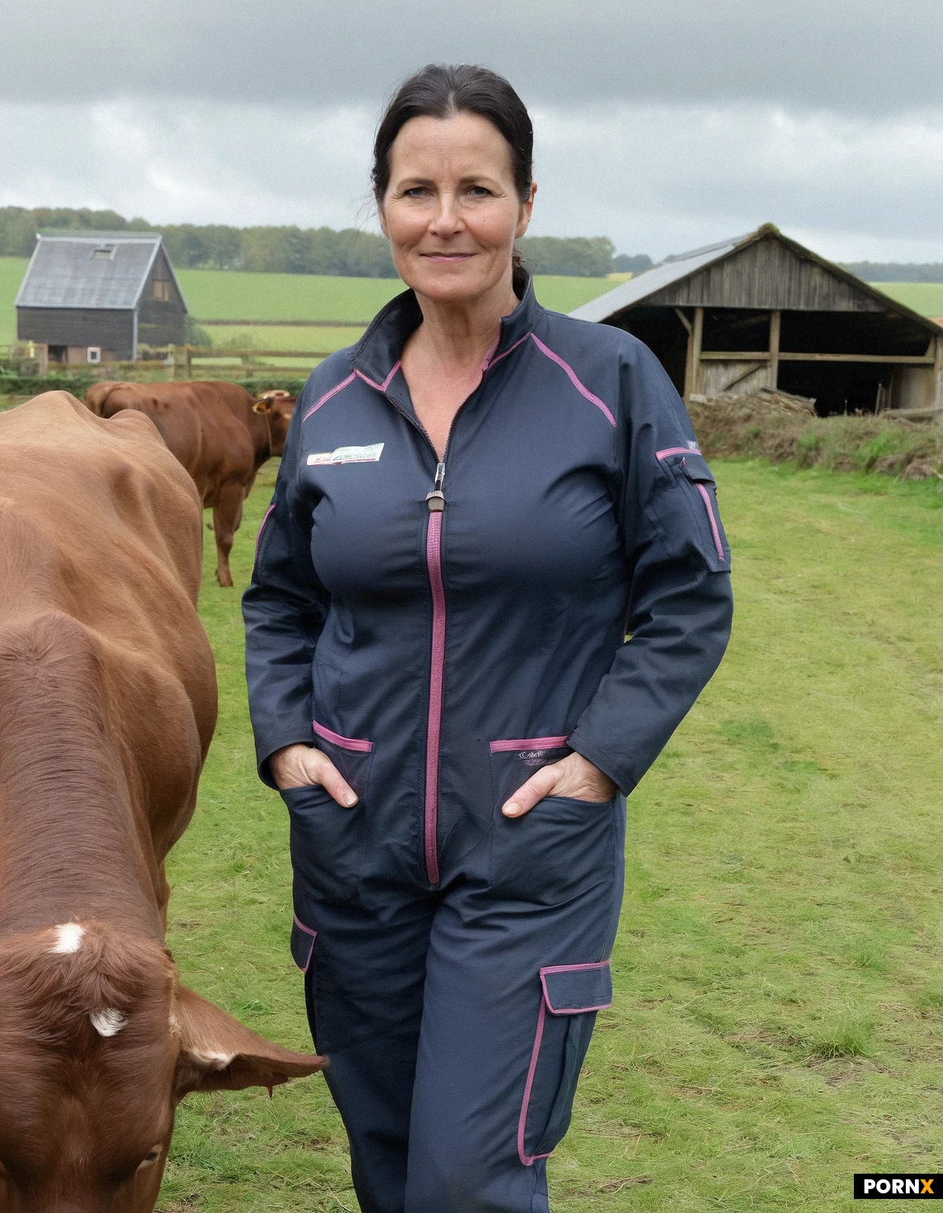 No absurdres, a realistic photo of a 50-year-old female Norman farmer standing in a muddy farmyard in Normandy. She has a shy, gentle, and reserved expression with a slight, hesitant smile. Her face shows weather-worn, natural skin features typical of working outdoors. She is wearing a dark blue and purple double-zip agricultural work jumpsuit with distinct pink trim and details on the collar, zippers, and pockets. We can see her deep breasts furrow in a low-cut. In the background, a traditional stone Normandy barn with a slate roof, an old tractor, green rolling hills, and Normande cows in a pasture under a soft cloudy sky. Authentic lighting, documentary style photography, highly detailed texture.