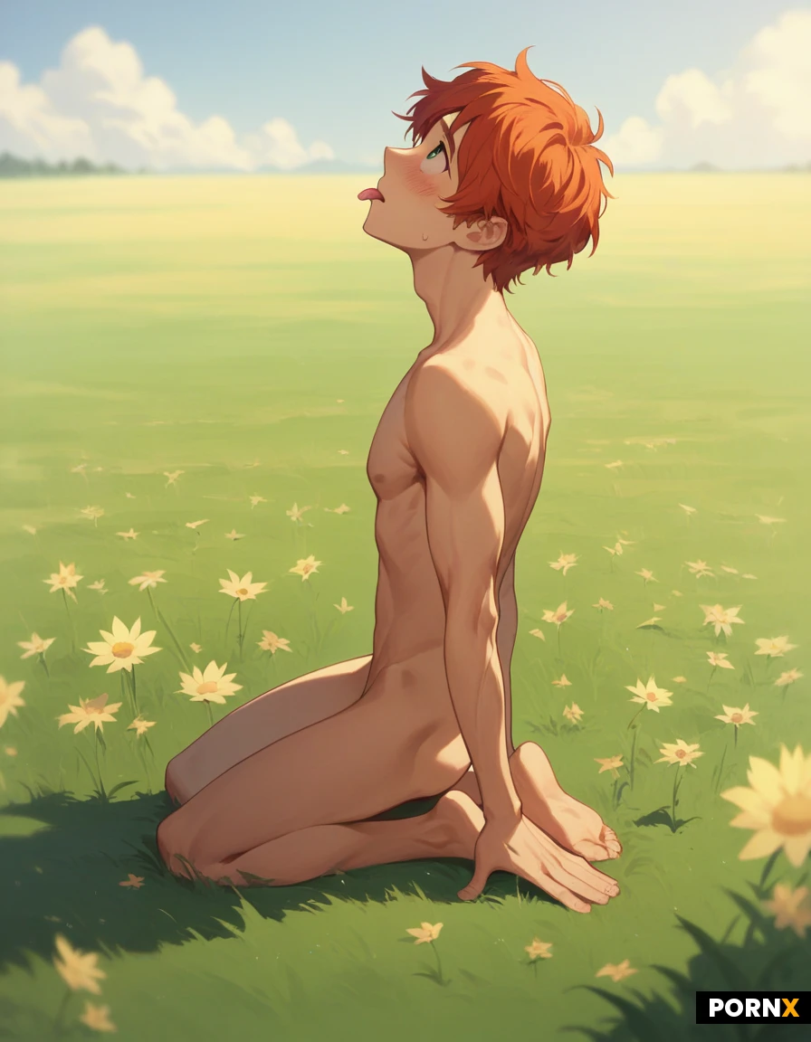 Very detailed, high resolution,panoramic view,
solo man,naked,(kneeling), (looking up),cute face,(arching back), side view, (embarrassed),(tongue:1.2) ,field, daylight,
(human man),(slender shortstack:1.3), short hair,(cute redhead),(sexy man:1.3),
