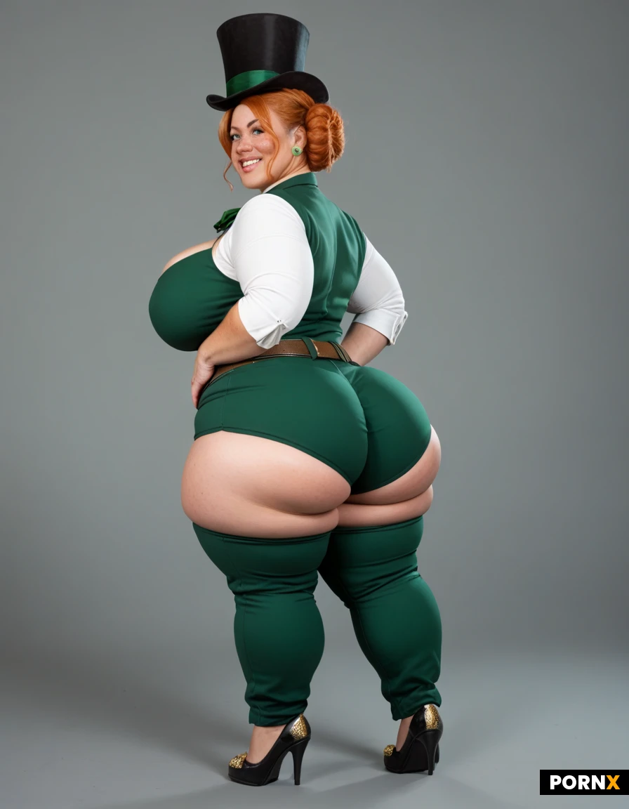 A short bbw/fat irish ginger woman with freckles dressed as a leprechaun has ginger hair and green eyes. She has a large ass, big tits & thick thighs. The Leprechaun outfit is compromised of a tailcoat, belt, short pants/trousers, top hat & buckled shoes. She is on her hands and knees showing her ass #leprechaun #short #bbw #fat #freckles#thick #large-ass #big-tits #thick-thighs #goldteeth #massive-ass #ginger #green-eyes #green-clothes #kettle-of-gold #green #gold #leprechaun-outfit #tophat #hat #tailcoat #belt #trousers #short #buckled-shoes