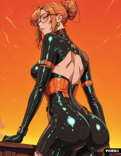 A Wild Ginger secretary girl wearing long latex gloves and glasses with a sexual look open Up her as