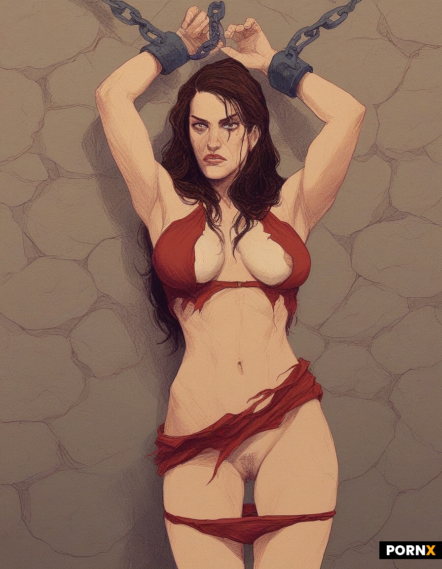 A woman in red lingerie with black lace inserts standing in a room with her arms raised up