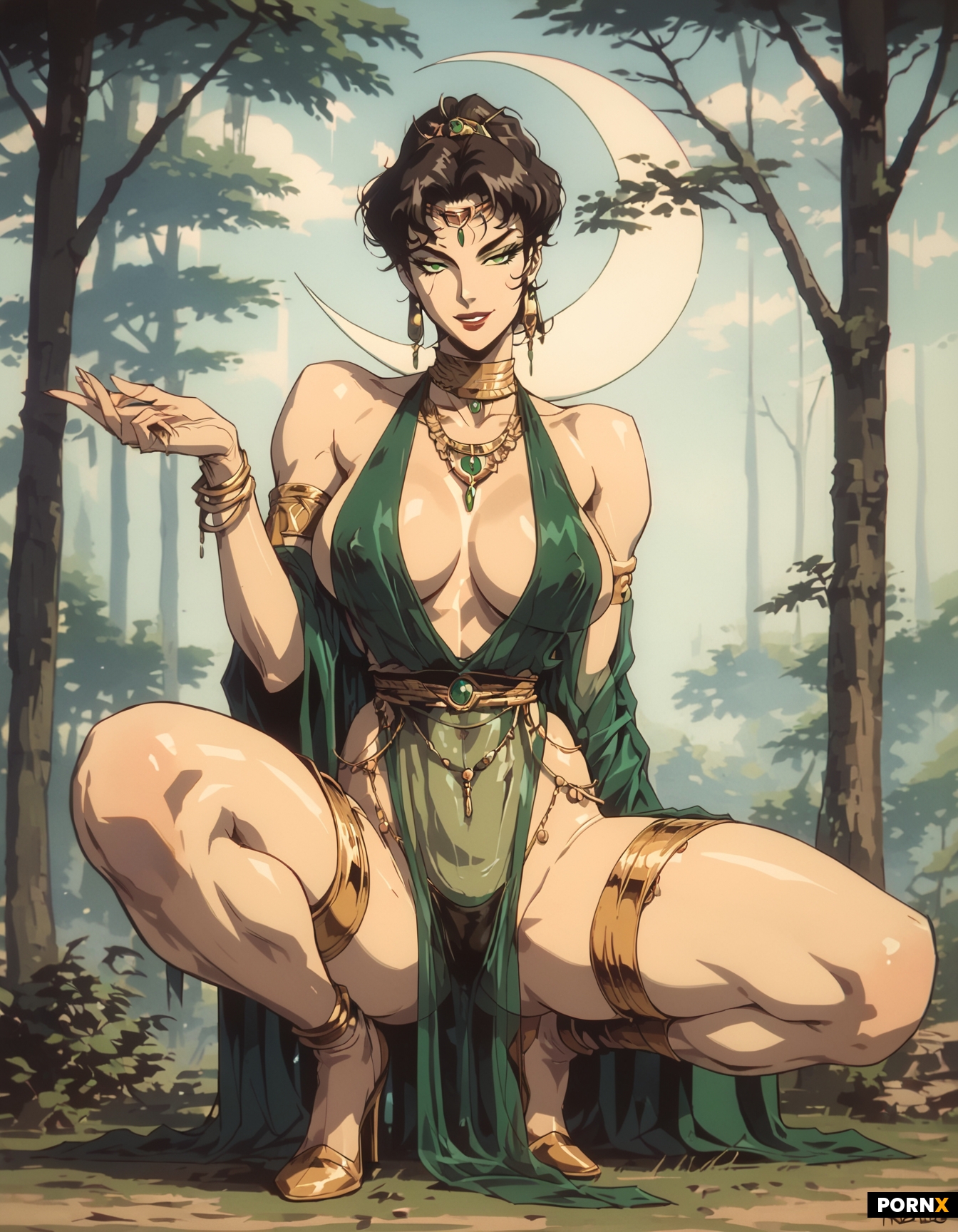 beautiful green short hair druid with green eyes