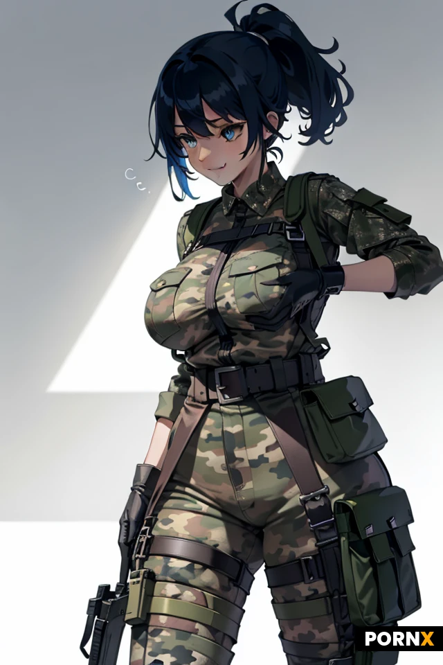 high definition, professional woman assassin, pretty face, fit and curved body, blue eyeball, bright blue hair, long bangs with high ponytail, big and firm breast, long earring, yellow crop top with straps, dogtag necklace,(Camo pattern hunting pants with multiple straps, buckles, and pouches around the thighs and waist:1.3), black leather gloves, sturdy black boots laced up to the shin, guarding stance, confident smile, background, ranger training ground, helicopter trucks, detailed face, detailed eye, dynamic angle