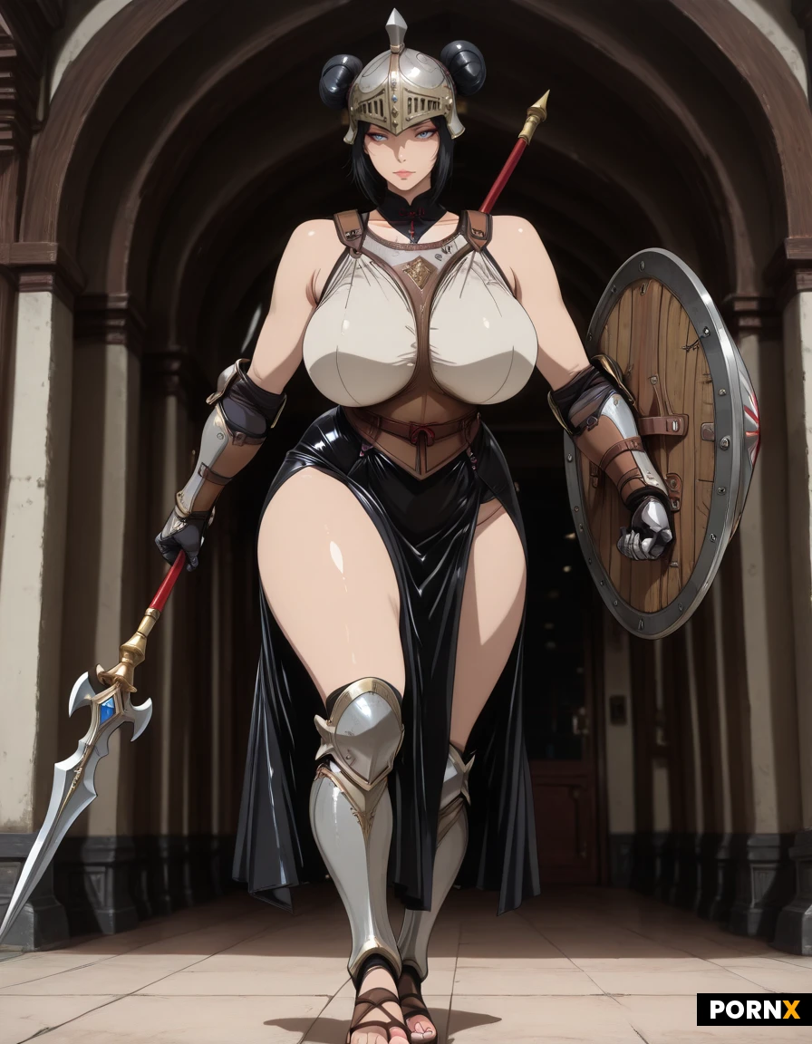 Dynamic full body, confident, left foot forward. Wearing a Corinthian-style helmet with crest, a muscular cuirass, a leather pteruges skirt with a central diamond motif, vambraces, gauntlets, greaves, and sandals. Armed with a long spear held in a low, ready-to-thrust position with the right hand, and a large, circular hoplon shield held by the left forearm.