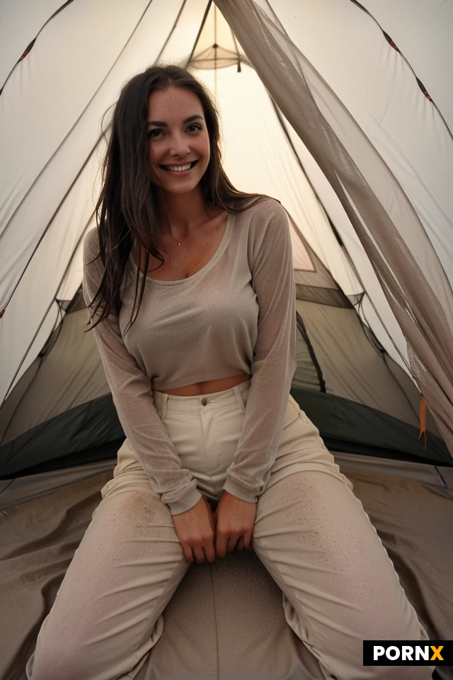 (low light image:1.7), View from inside a dry and cozy tent, ((full body view)), campsite in constant rain, muddy weather, 30 years old, muscular, extremely small sagging breasts under hiking shirt, flat chest, ultra realistic skin, smiling, stunning, sexy, hot, brown hair, (Long Layered Bob:1.2), totally wet hair, sitting inside the tent, wears a tan cotton hiking shirt that is soaking wet and sticks tight to her skin, showing her shape, a thunderstorm is approaching, (lightning strikes:1), it is dry and cozy inside the messy tent, (dry and cozy tent interior:1.2), focused body, small colorful LED lamps give warm light, perfectly lit woman, hvrn, heavy, rain, <lora:MJ52:.8>, ((see-through))