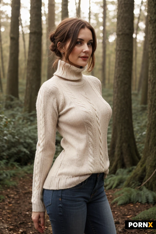 milf of 37 years.british.short reddish-brown hair gathered in a bun.cream-colored turtleneck sweater.grey jeans.skinny body with firm small breasts.dark lighting.in a forest.dynamic angle