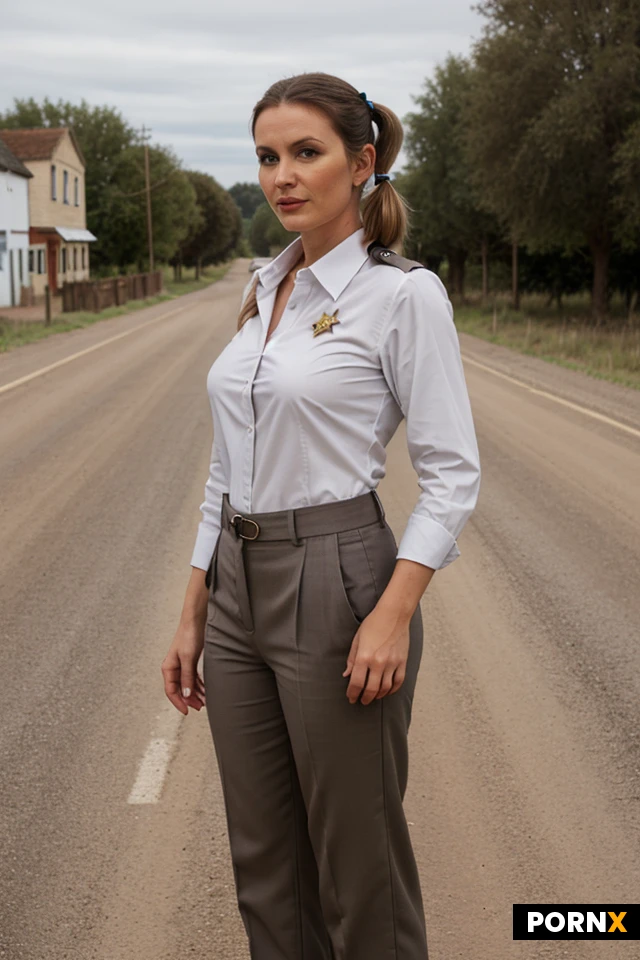 36 years old milf british.sheriff.small town sheriff's clothes.button-up shirt.grey work trousers.brown hair with pigtails.deserted road