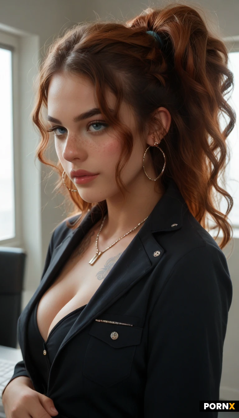 slutty girlfriend, cute model,cute babe face,very long curly messy hair,perfect medium round Breasts,firm perky breasts,intimate,blue eyes, copper hair, hair tied back, freckles, refined nose, on office, tanned skin, view from side, cleavage view, fit ass, close up view, office uniform, india tattoo on forearm, necklaces, earrings, open jacket