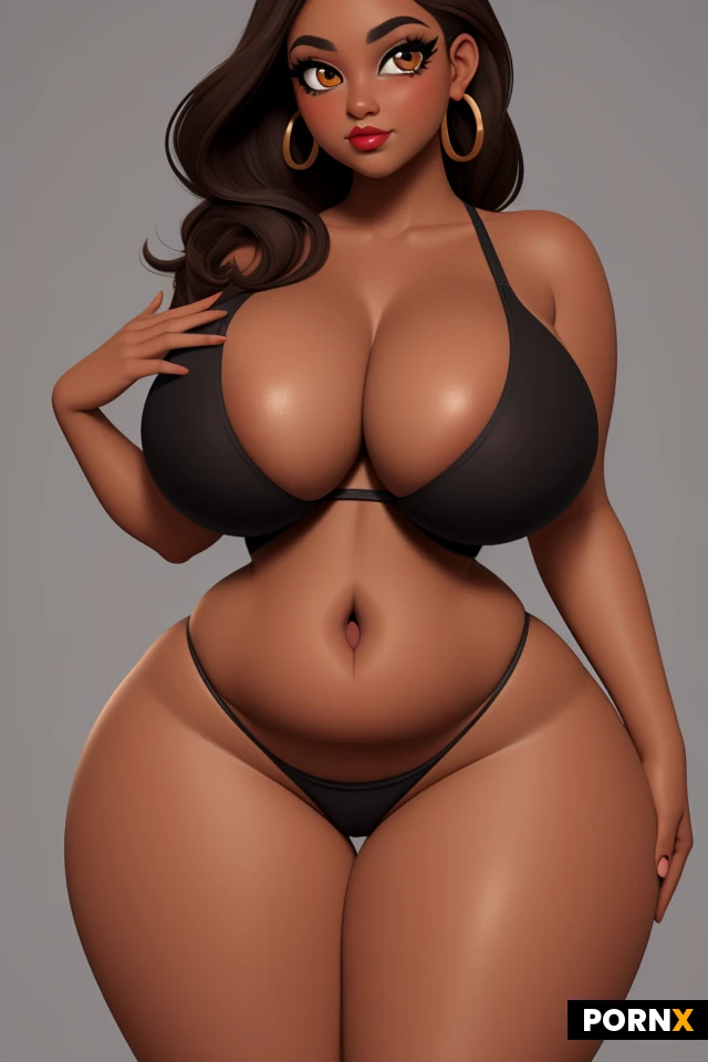 woman, dark skin, light brown hair, lots of makeup, thick black eyeliner, thick lips, earrings, (thick thighs:1.2), (curvy:1.5), (thick:1.25), (voluptuous:1.25), (huge boobs:1.3), tight, busty, firm, perky, (wide hips:1.5), (narrow waist:1.35), lipstick, large eyes, amber eyes, nude, smirk, portrait