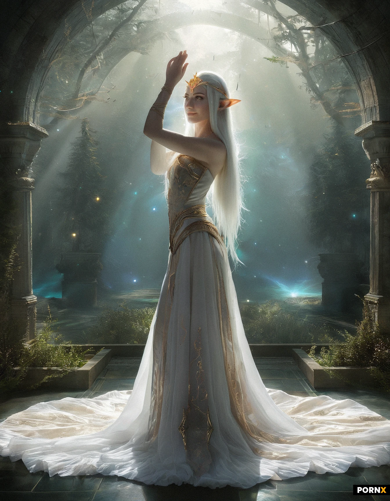 (opulent reality‑shaping elf princess:1.5),
(elven sovereign surrounded by impossible luxury:1.3),
(slender ethereal figure:1.5),
(long graceful legs:1.3),
(narrow sculpted waist:1.3),
(soft radiant skin tone:1.1),
(poised sovereign posture:1.5),
(multi‑layered enchanted fabrics:1.5),
(translucent silk woven from moonlight:1.3),
(iridescent embroidery shifting colors:1.3),
(floating fabric panels that defy gravity:1.1),
(luxury that glows with ancient magic:1.1),
(crown forged from crystallized starlight:1.5),
(ornaments made of living light:1.3),
(arcane sigil bands circling her arms:1.3),
(hovering gemstone halos:1.1),
(ancient relics bound to her presence:1.1),
(throne hall grown from living crystal trees:1.5),
(architecture bending in elegant impossible curves:1.3),
(floating platforms of polished stone:1.3),
(soft drifting motes of enchanted dust:1.1),
(air shimmering with raw magic:1.1),
(portrait framing:1.8),
(low upward sovereign angle:1.3),
(shallow depth of field:1.3),
(sharp focus on face and magical fabrics:1.5),
(soft radiant lens bloom:1.1),
(glowing ambient magic illumination:1.5),
(highlights reflecting off enchanted fabrics:1.6),
(soft warm fill:1.7),
(gentle ethereal shadows:1.1),
(relaxed commanding stance:1.5),
(one hand raised with effortless authority:1.3),
(hips angled with regal confidence:1.3),
(head tilted with serene dominance:1.5),
(hair drifting in magical currents:1.1),
(overwhelming divine opulence:1.8),
(slow graceful movements:1.3),
(soft confident expression:1.3),
(intense sovereign gaze:1.5),
(enchanted atmospheric serenity:1.1)
(neutral smile:1.5)
(view from the side:2.4)
