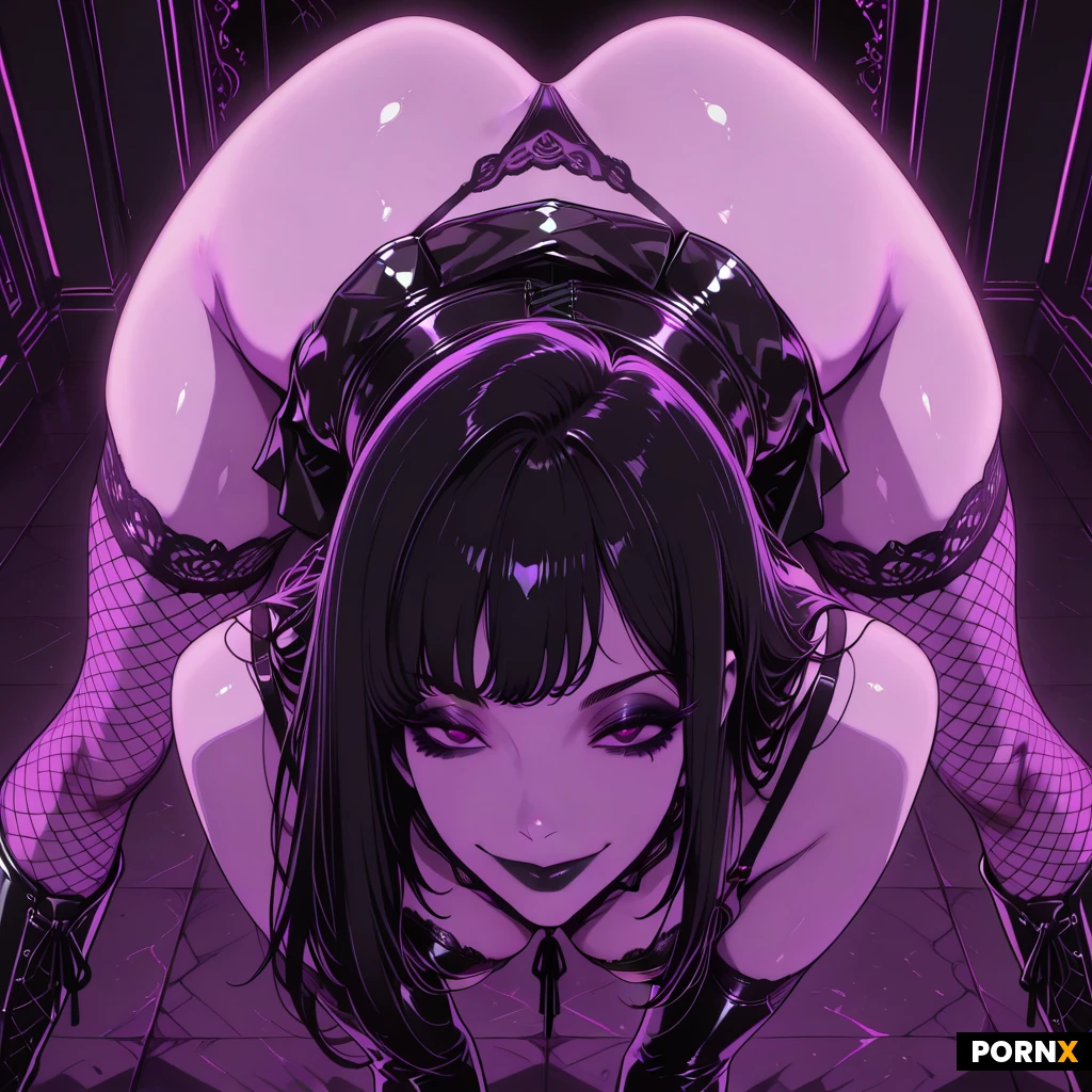 (gorgeous_beautiful_face:1.9),(gothic:1:2),(anime:2),(toon:1.5), 18 years,cute face, tight leather mini skirt ,large Butt, small seize,big eyes,view butt, happy ,long nails, on all fours,make up,view butt, long leather boots, masterpiece, best quality, long_hair, black_hair, goth_makeup, smile, lace_bra, thong, fishnet_stockings, bending_over, spread_legs, from_behind, ultra_close_up