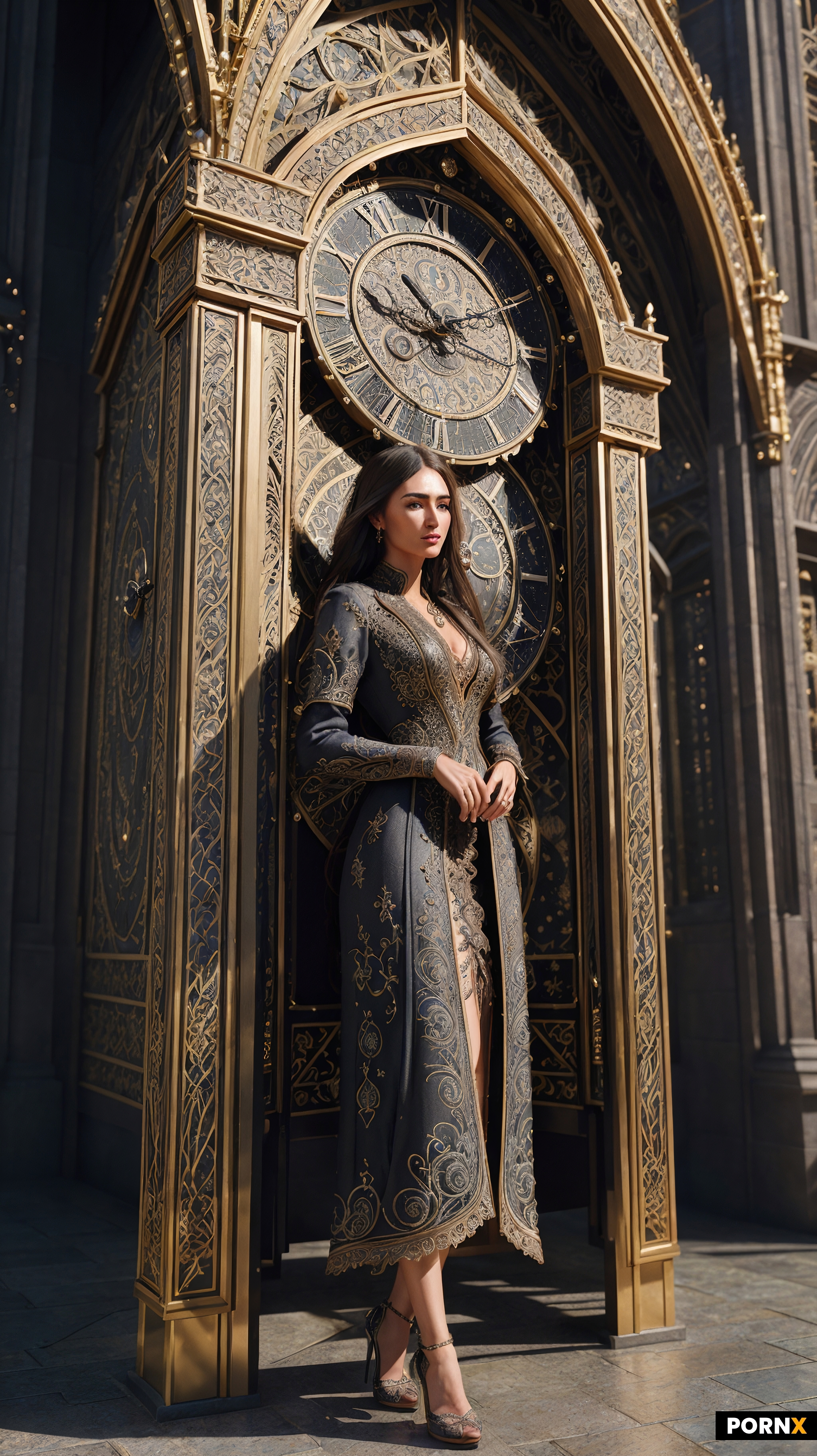 Meticulously hyperdetailed fantasy photo of a woman standing in front of a clock tower