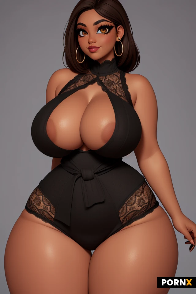 woman, dark skin, light brown hair, lots of makeup, (thick black eyeliner:1.15), (eye shadow:1.15), thick lips, earrings, (curvy:1.5), (thick:1.45), (thick thighs:1.425), (huge boobs:1.4), firm, (wide hips:1.5), (narrow waist:1.475), lipstick, (large eyes:1.1), (amber eyes:1.1), lace dress, smirk, portrait