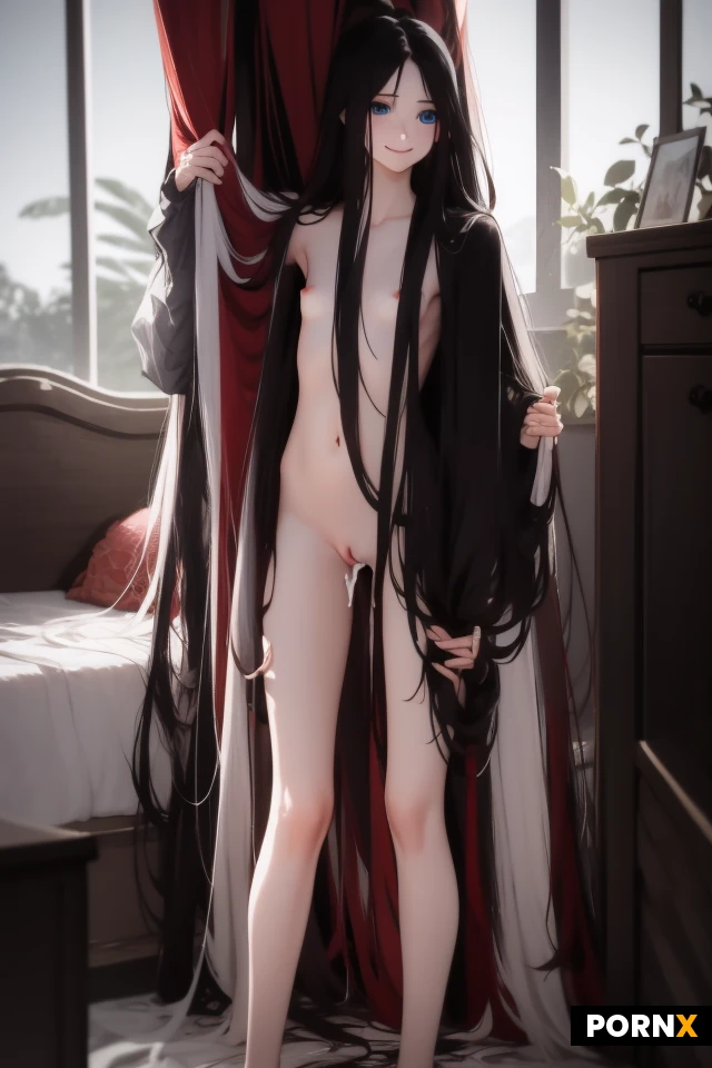masterpiece, best quality, highres, absurdres, 1girl, solo, adult, long_hair, blue_eyes, petite_body, standing, spread_legs, nude, breasts, nipples, pussy, cum, messy_hair, smiling, bedroom, bed, morning_light, soft_focus, dynamic_angle