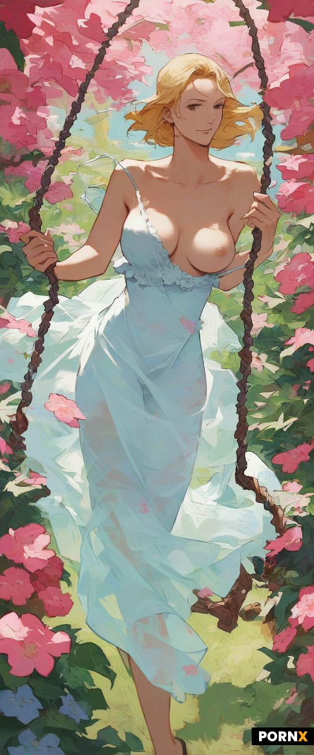 One piece anime style woman sitting on swing in a garden