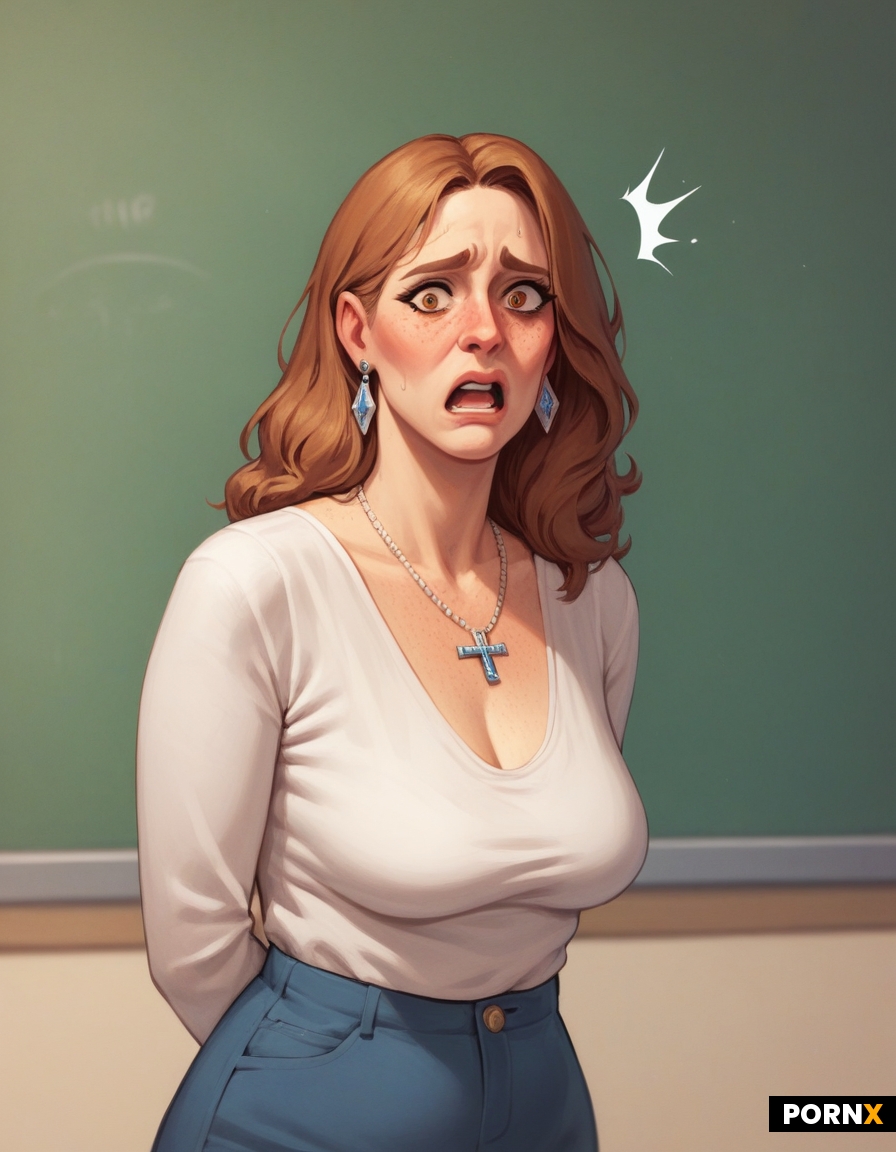 OlderMarried frumpy teacher in 80's teachers clothes standing in front of a classroom