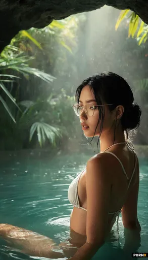 A luminous adult Japanese woman with medium-length black hair pulled into a sleek ponytail