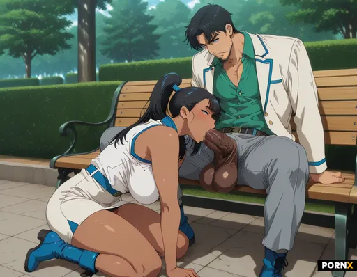 A woman sucking a huge cock on a outdoor park bench