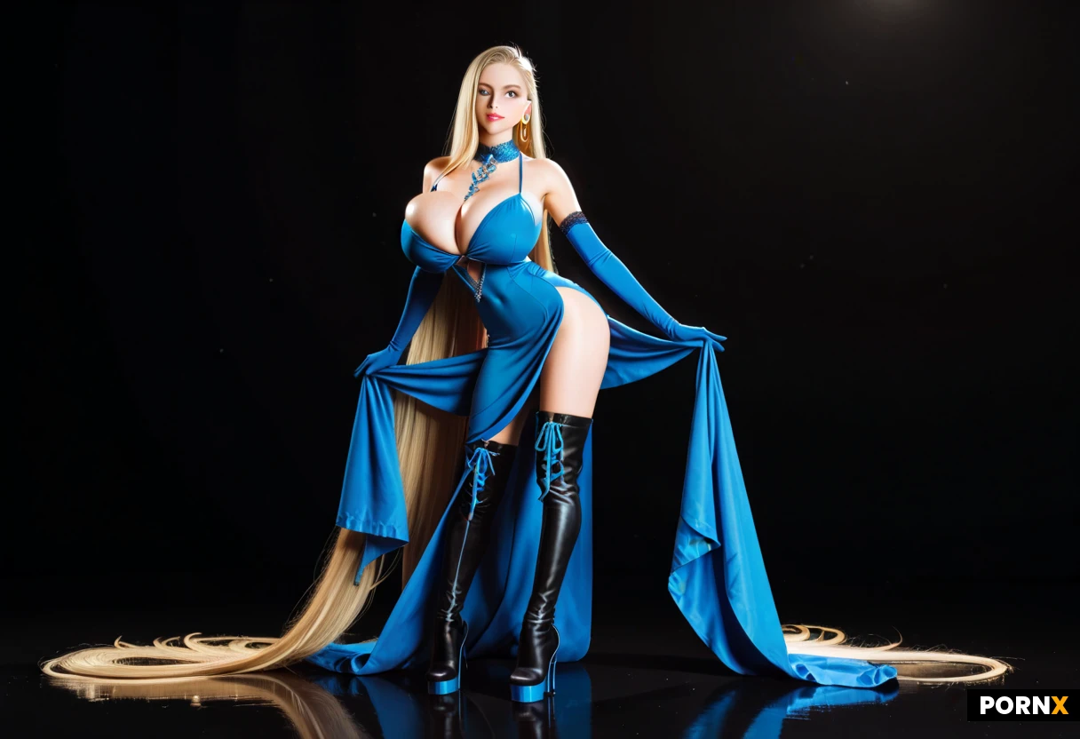 sweet woman (oversized breasts:1.5), (slim body compared to breast size:1.4),(gravity defying tits:1.4),(thin:1.2) feminine woman with very (long blonde hair:1.3) with quiff, (black thigh high boots with blue laces:1.4),(Hair covering half of face),full body,, blue eyeshadow,(sexy blue dress with blue long gloves:1.3),underboob,dark background, lit by spotlight,(hyper realism),(sidney),(very dark blue:1.6)