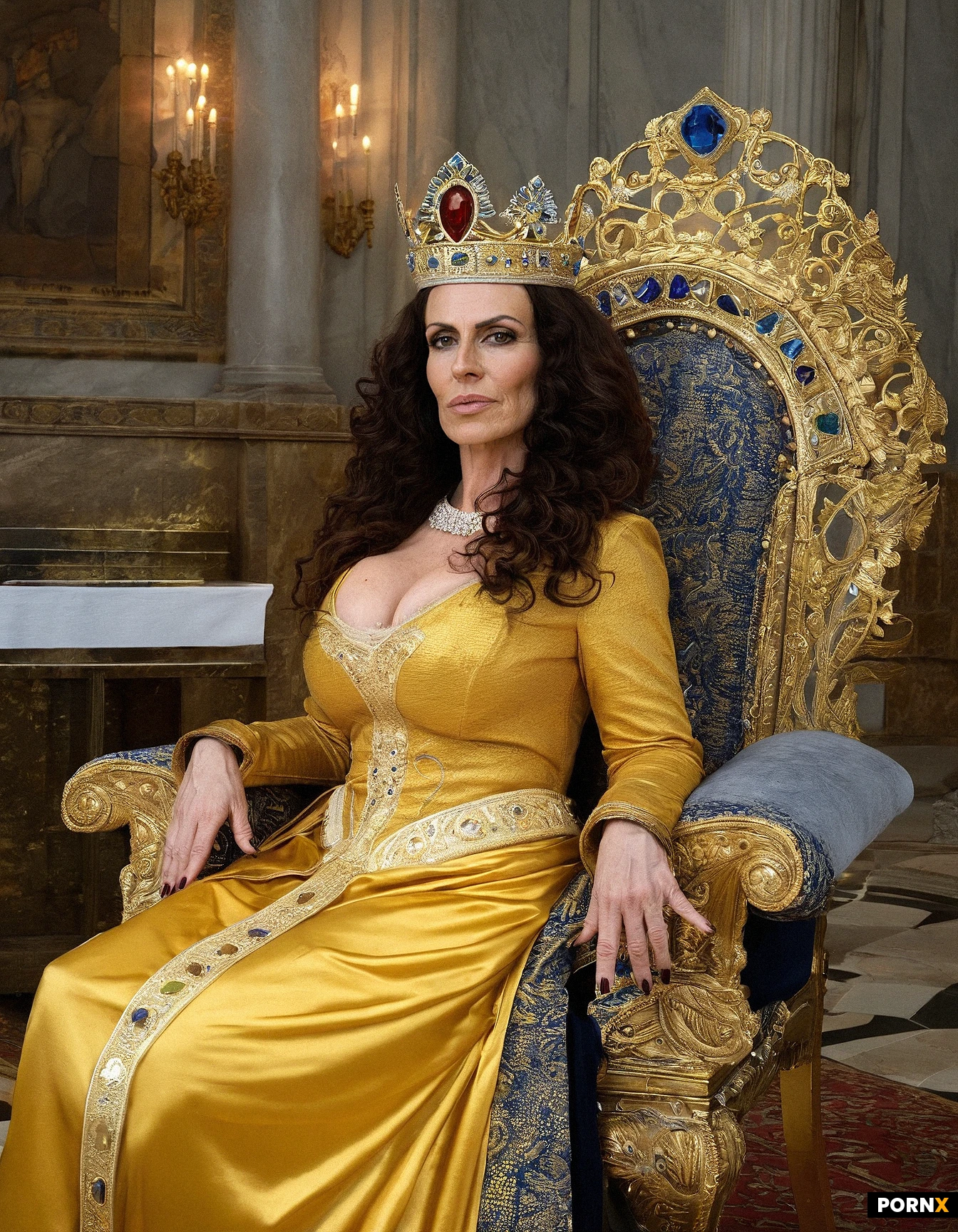 42-year-old jewish milf, sitting, serious face, big nose, wavy brown hair, wearing crown, gold regal dress, in palace throne room