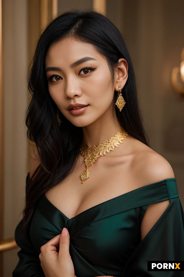 portrait of an Asian woman with smooth black hair cascading elegantly over her shoulders, wearing a luxurious off-shoulder top in deep emerald green. Her mesmerizing eyes, accentuated by subtle smoky eye makeup, draw the viewer in. Adorned with intricate gold and diamond jewelry highlighting her neckline and ears. Soft, warm lighting enhances her flawless skin tone, creating gentle shadows to add depth. The background is a blurred gradient of dark jade and gold hues, emphasizing elegance and sophistication in a modern, high-fashion style.