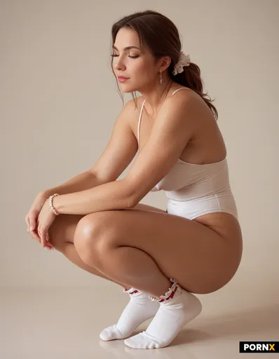 Shes squatting while wearing only red frilly ankle socks