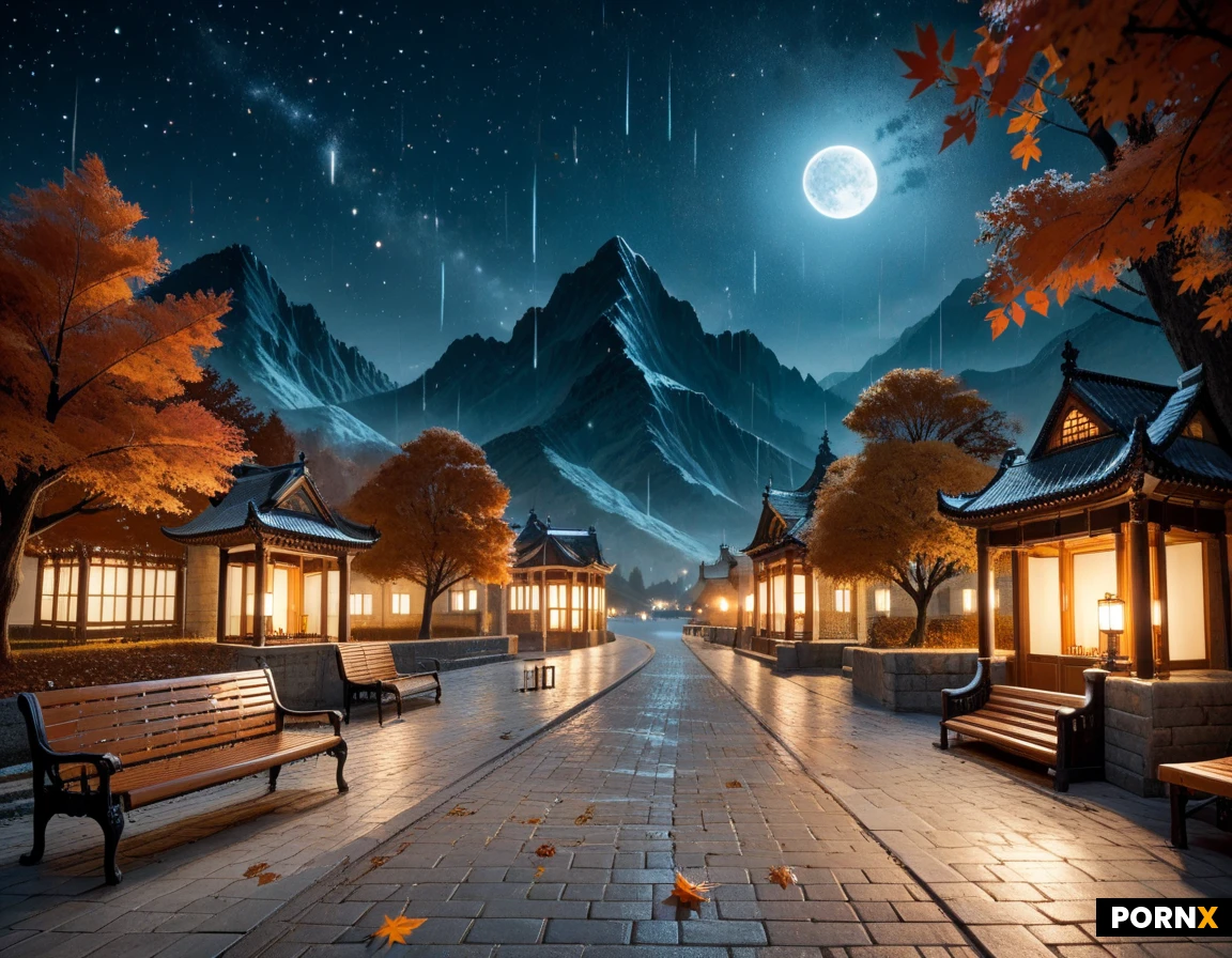 Woman, 23-Years-Old, perfect body, long hair, tight revealing clothing, (night time stars:1.3), rain, fog, stone park path, lake, park bench, distant snow-capped mountains, lanterns, (autumn leaves:1.3), wet stone, misty mountains