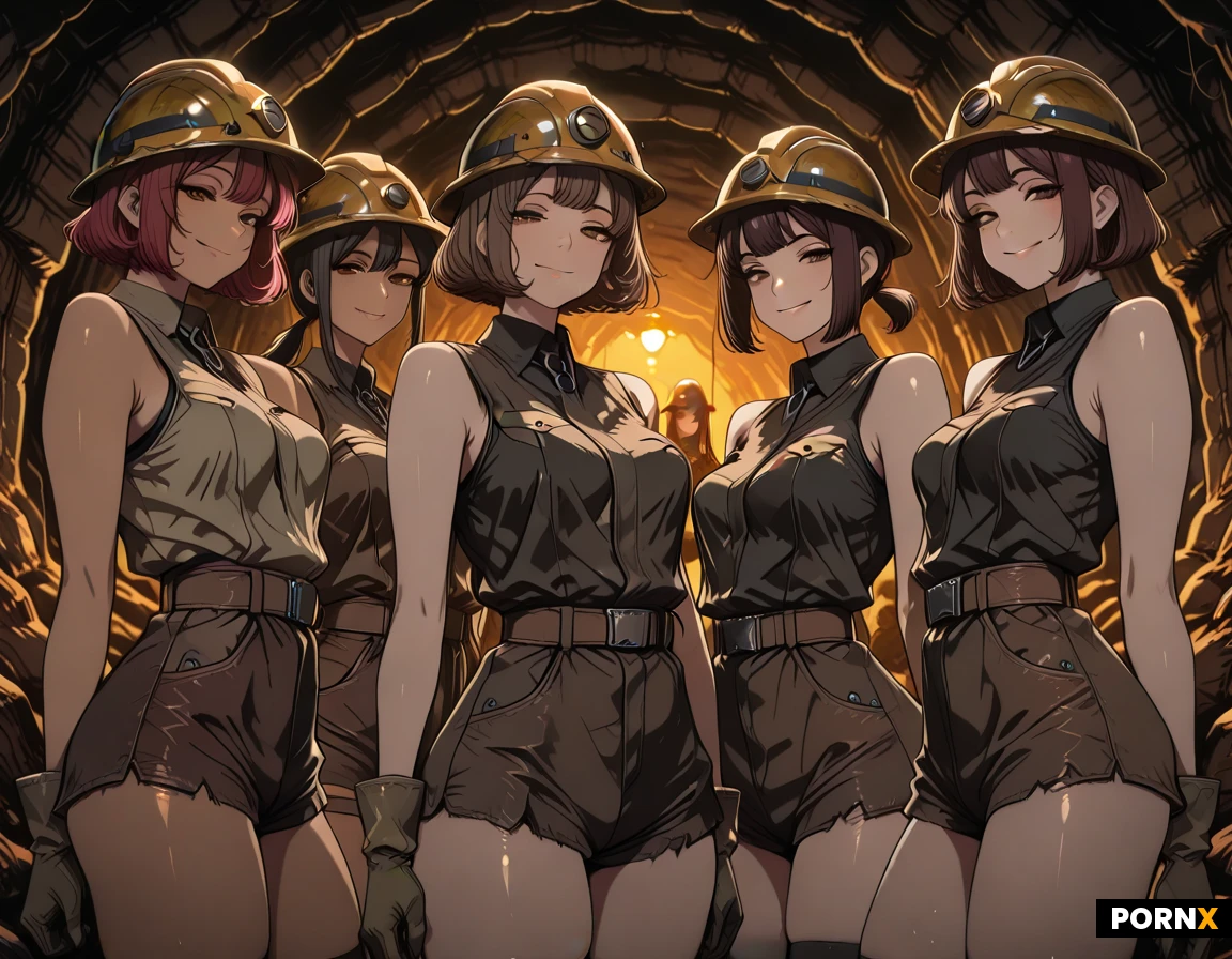 masterpiece, best quality, highres, absurdres, group, 5girls, anthro, mole, mole_ears, mole_tails, short_hair, brown_eyes, small breasts, standing, looking_at_viewer, mining_helmet, mining_vest, short_shorts, gloves, bare_shoulders, smiling, underground, mine, dramatic_lighting, full_body